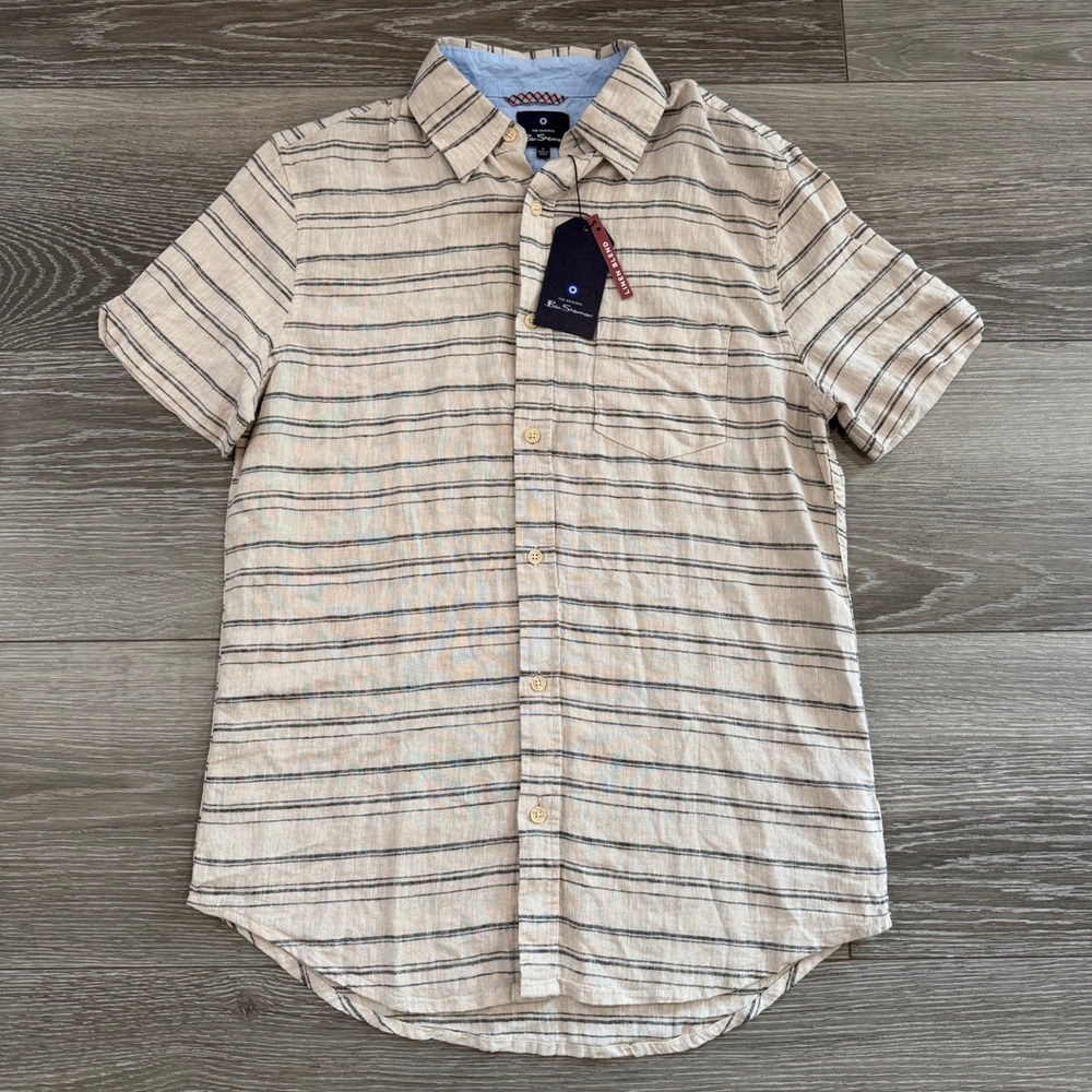 Ben Sherman‎ Mens Ivory Striped Linen Blend Short Sleeve Shirt BS14SW021B Size S